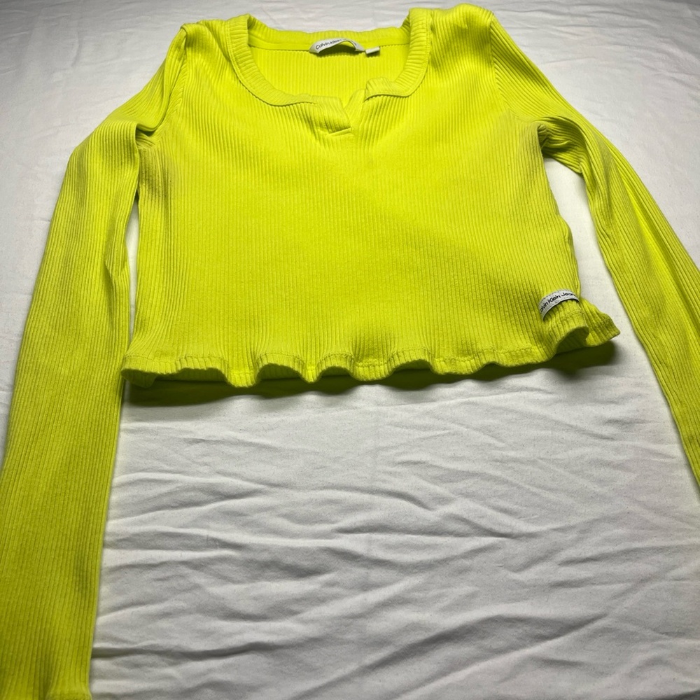 Calvin Klein Jeans Ribbed Henley Cropped Top  XL Lime Green